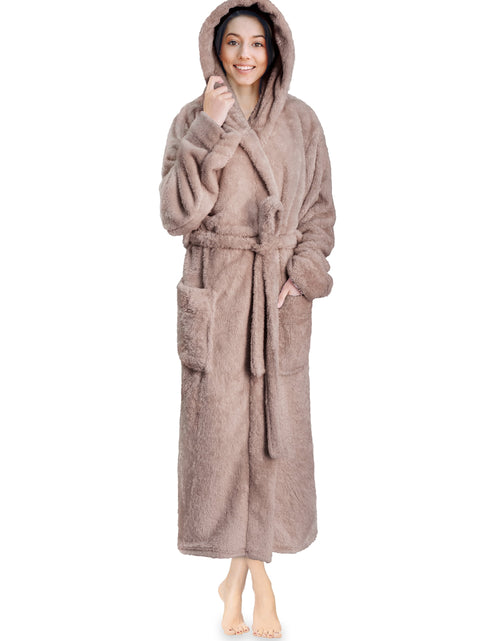 Load image into Gallery viewer, Women Hooded Plush Soft Robe | Fluffy Warm Fleece Sherpa Shaggy Bathrobe (S/M, Taupe)

